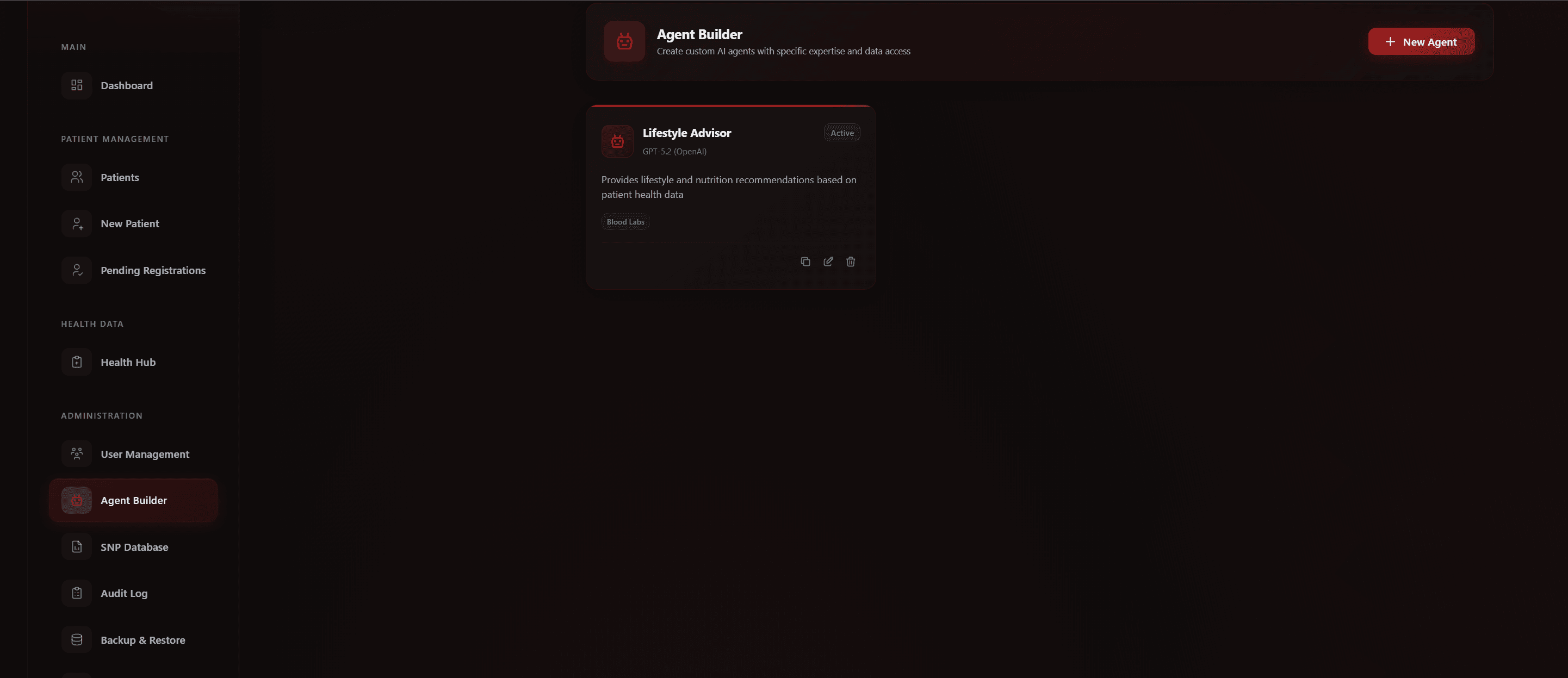 Agent Builder screen for configuring a custom AI advisor